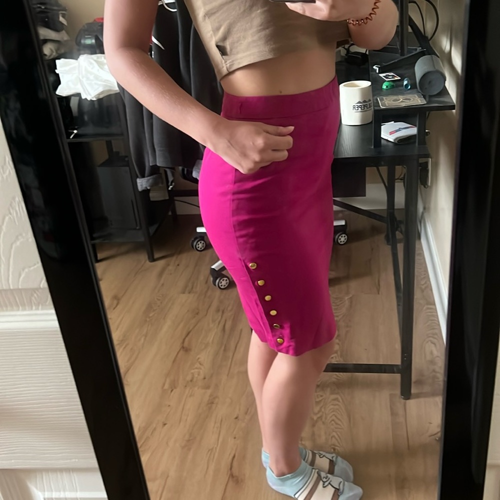 Magenta Pencil Skirt with Gold buttons down right side